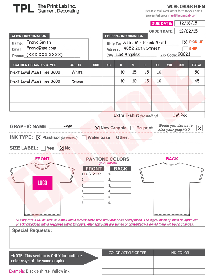 The Print Lab, Inc. - Example Work Order Form - The Print Lab
